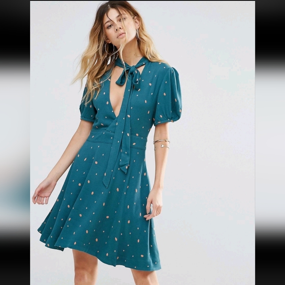 Free People Abbie Printed Mock‎ Neck Short Sleeve Mini Dress Green